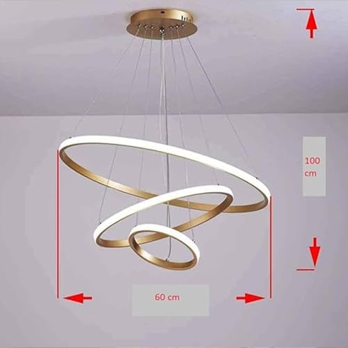 Image of Desidiya Contemporary Spiral LED 3 Ring Chandelier Hanging Ceiling Pendant Light - Adjustable Height with 3 Colour Lighting Modes Ideal for Living Room /Bedroom /Home,L-3 String Hanging (Golden)