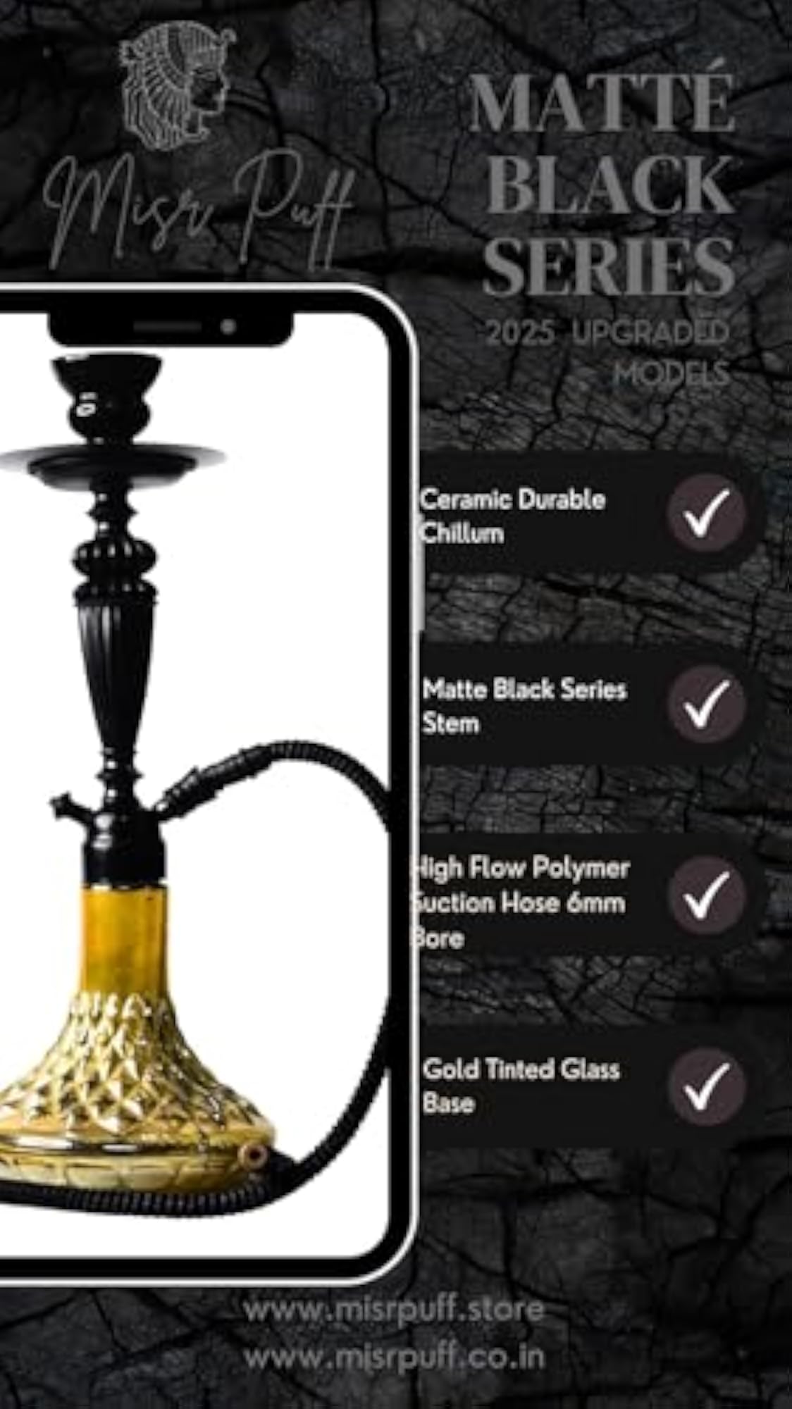 Matte Black Series Premium Hookah with Diamond Pattern Base