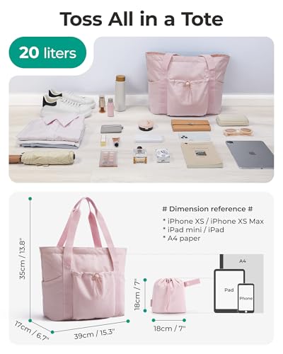 Image of BAGSMART Foldable Tote Bag with Drawstring Bag, Tote Bag Shoulder Bag Top Handle Handbag for Travel, Work, Beach, Gym