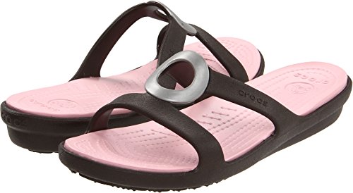 Crocs Women's Sanrah T-Strap Sandal,Espresso/Petal Pink,7 M US