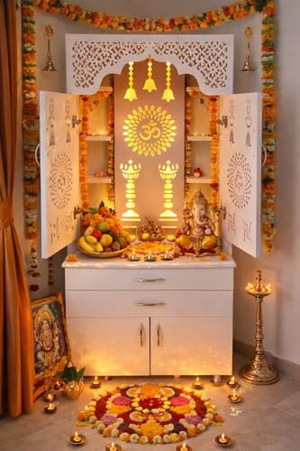 Image of Wooden Temple for Home with LED Light and Pooja chowki (Sitting Table), White Engineered Wood Pooja Mandir, 57 inch Height, Pre-Assembled