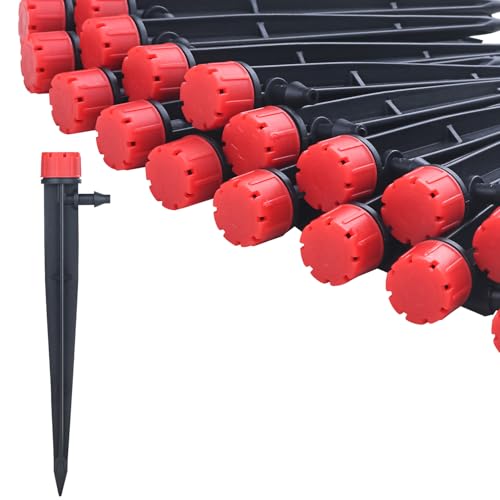 La Farah 50pcs Drip Emitters for 1/4' Drip Irrigation Tubing, Adjustable 360 Degree Water Flow Drippers on 5' Arrow Stake, Garden Irrigation Drippers for (4-7mm) Watering System