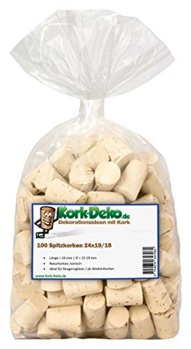 100 Spitzkorken – Naturkorken 24 x 19/15 mm, gewaschen und hochwertig, ideal für Reagenzgläser 16–18 mm, nachhaltige Medizinkorken, Laborkorken und Bastelbedarf ohne Presskorken