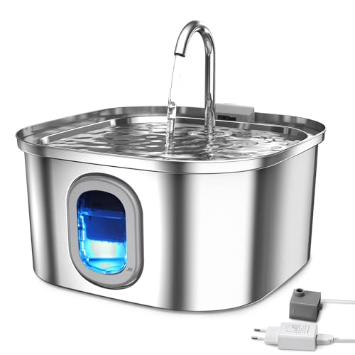 Katzen Trinkbrunnen 2,2 L - Edelstahl, Mit LED, Extrem Leise - Inklusive 2 Filter