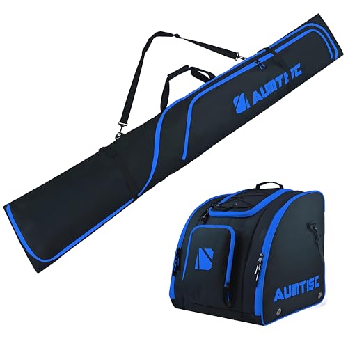 AUMTISC Juego de bolsa de esquí y bolsa para botas de esquí, bolsa de viaje de esquí duradera y acolchada, longitud ajustable, forro interior impermeable, se adapta a esquís de hasta 200 cm