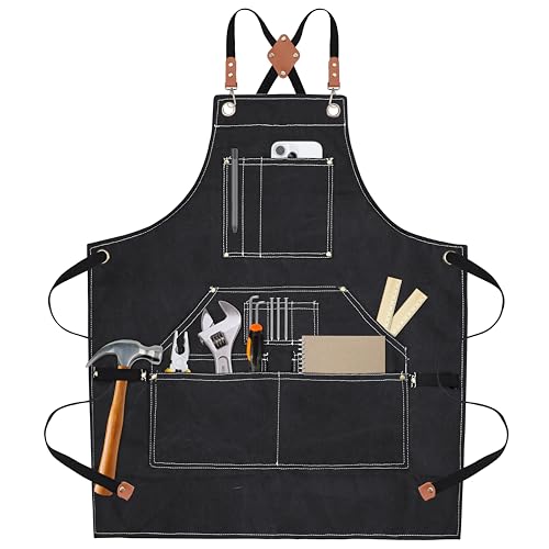 Yxiang Black Handmade Work Apron with 11 Tool Pockets, Heavy