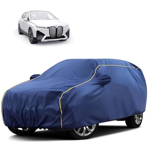 Image of Sulfar 100% Water Resistant Car Body Cover Compatible with Mirror for BMW iX(Electric) (Triple Stitched, Full Bottom Elastic, Blue Tafetta with Yellow Piping)