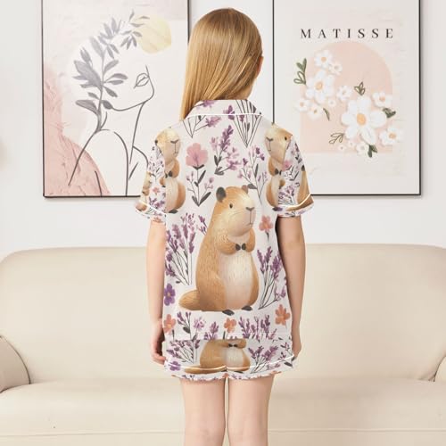 Satin Pajama Sets Short Sleeve Cute Hamster Floral Background Button Down Silky Nightwear 2 Piece PJS 5-14Y4