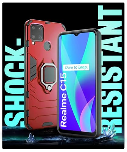 Image of WOW IMAGINE Shock Proof Back Case Mobile Cover for Realme C15 | Back Cover Case (Tough Armor | Hybrid PC + TPU | Ring Holder & in-Built Kickstand | Red)