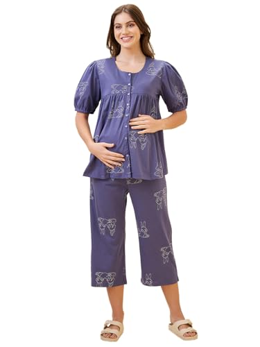 Image of AV2 Women's Cotton Printed Maternity & Feeding Night Suit Set of Top & Relaxed Capri Nursing Night Dress -2123