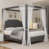 IDEALHOUSE Full Size Canopy Bed Frame with Nailhead Decoration Headboard，Upholstered Bed Frame with Poles 4 Corner Bed Bracket,Solid Wood Slats Support,No Box Spring Needed,Noise Free,Gray