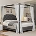 GarveeHome Upholstered Canopy Bed Frame Queen Size with headboard, Button Tufted, Nailhead Trim Design, No Box Spring Required, Gray