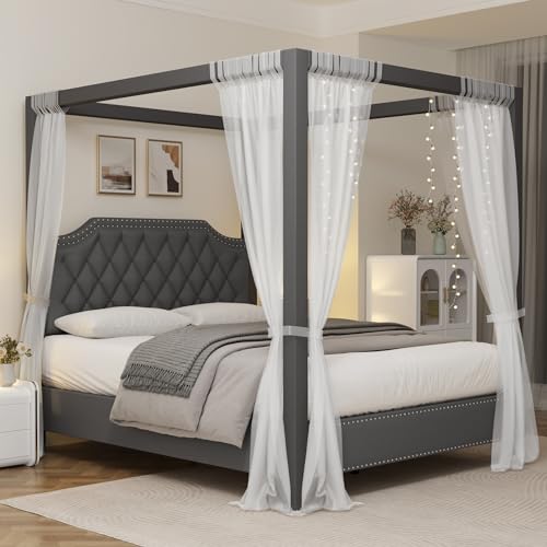 IDEALHOUSE Full Size Canopy Bed Frame with Nailhead Decoration Headboard，Upholstered Bed Frame with Poles 4 Corner Bed Bracket,Solid Wood Slats Support,No Box Spring Needed,Noise Free,Gray