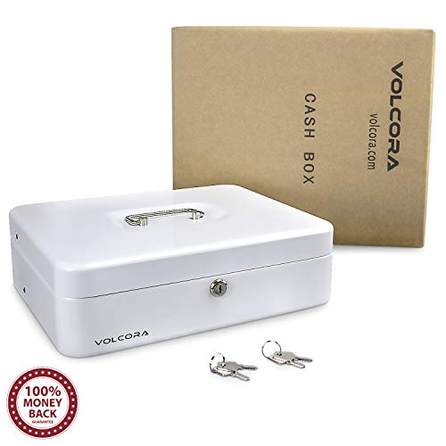 Cash Box With Key Lock - Steel Tiered Money Coin Tray With Lid Cover And Bill Slots | Portable Compact Safe | 4 Keys | White Metal Lockable Storage Box For Change, Petty Cash, Fundraiser, Garage Sale #TOP5