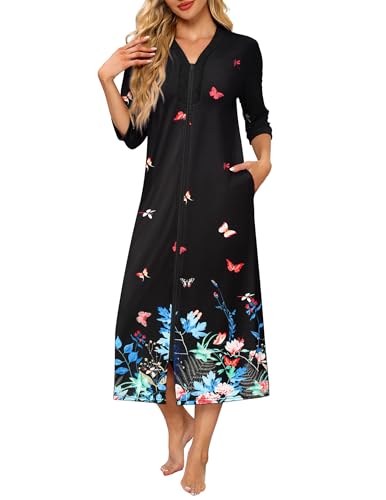 Ekouaer Women's Zipper Robe 3/4 Sleeves Housecoat Full Length Nightgown Soft Loungewear Robe with Pockets S-3XL