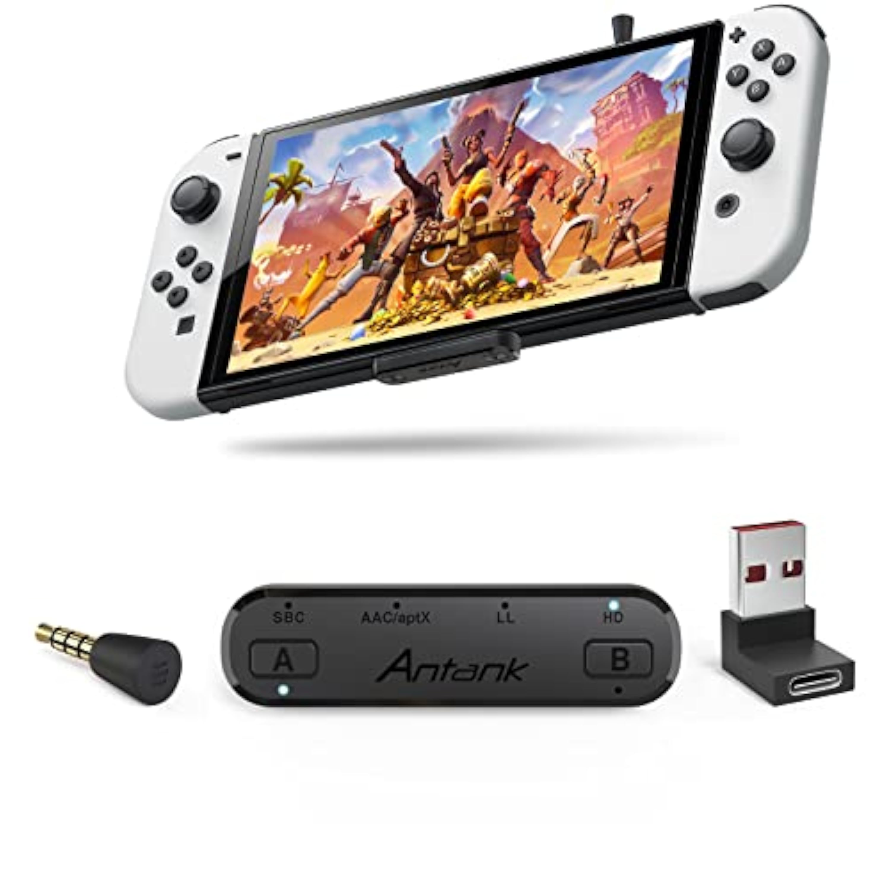 Antank Transmisor de Audio Bluetooth Compatible con aptX-HD aptX Low Latency AAC Compatible con Nintendo Switch/Lite/OLED/ PS4/ PS5/ PC Transmisión Dual con Micrófono para Chat de Voz en el Juego