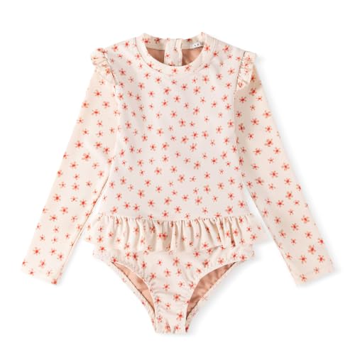 Image of Girls One Piece Swimsuits Zipper Rash Guard Long Sleeve Bathing Suit with Ruffle Hem UPF50+