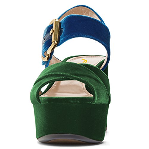 Fsj Women Peep Toe Chunky High Heels Platform Sandals Ankle Strap Velvet Summer Dress Shoes Size 6 Green #TOP3