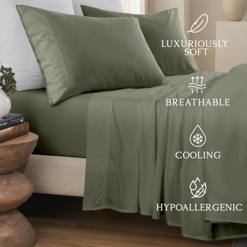 Image of KARISSA MAE Bamboo Viscose 34 inch Split Top King Size Sheet Set, FSC Certified | Single 34 inch Split Fitted Sheet | Sleep Number & Adjustable Bed | Cooling | 18 inch Deep Pocket w / Corner Straps [Cypress Green]