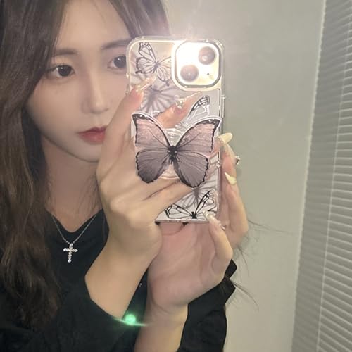 Image of Butterfly Phone Case for iPhone 15 Pro, Cute Korea Silver Mirror 3D Butterfly Phone Cover with Butterfly Holdstand for Women Girls