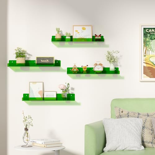 Image of upsimples 4 Pcs 15 inch Acrylic Shelves for Wall Decor and Display, Green | Cute Floating Shelf for Perfume, Skincare, Nail Polish, Wall Organizer for Bedroom, Living Room, Playroom, Room Decor