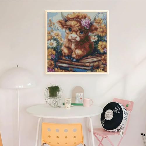 Image of MYBISYMQQ Highland Cow & Sunflower Stamping Cross Stitch Kit, 11CT Embroidery Starter Kit for Adult Beginners, Needlepoint Craft for Home Decor, 13.7 x 13.7 Inch