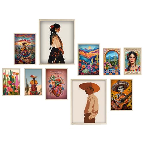 Eastern Print Mexican Wall Art Set of 10 PCS, Cactus & Southwestern Folk Art Prints, Rustic Mexico Wall Décor for Living Room, Kitchen, and Bedroom, Vibrant Hispanic Artwork for Desert Homes, Unframed