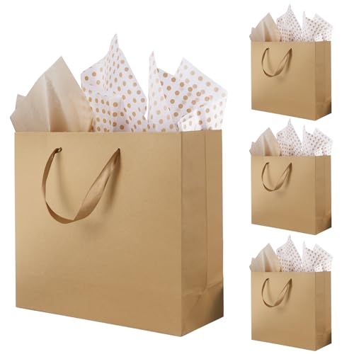 Plauthus Brown Gift Bags with Handles, 4 Pack Large Gift Bags with Tissue Paper, Kraft Paper Gift Bags for Shopping, Party,Birthday, Wedding, Graduation, and Holiday (12.5” x4.5” x11”)