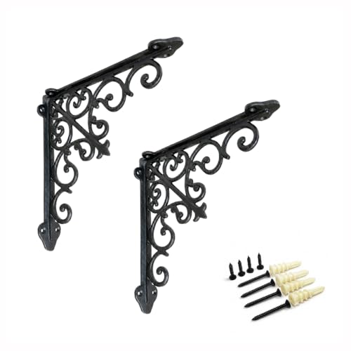 NACH Decorative Shelf Brackets, 2 Pack of 10.6 x 2 x 10.6 inch, Black Cast Iron Wall Shelf Brackets - Decorative Bookshelf Brackets - Victorian Style Shelf Bracket