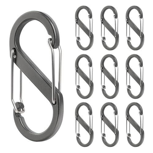 Aspire 10 Pack S-Shaped Aluminum Carabiners Gray, 3 Inch Double Snap Hook Clips for Keychains, Backpacks, Camping Picnics
