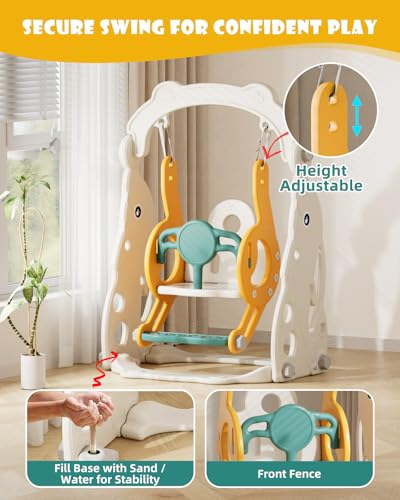 67i Toddler Slide and Swing Set - Indoor/Outdoor Multi-Activity Play System for Ages 1-3, Safe Design with Adjustable Swings & Basketball Hoop, Compact Space Saver (Yellow, Without Football)