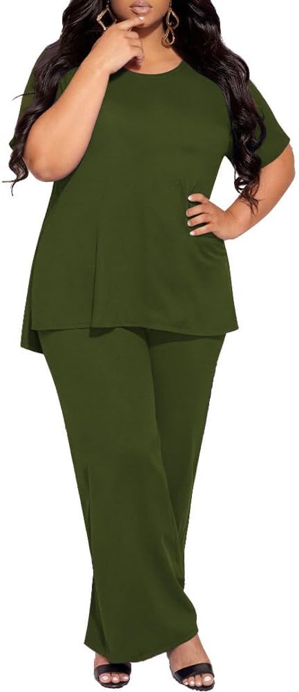 TOPSRANI Womens Plus Size Lounge Set V-Neck 2 Piece Outfits Sweatsuits Tracksuit Short Sleeve Baggy Wide Leg Pant Sets - Image 5