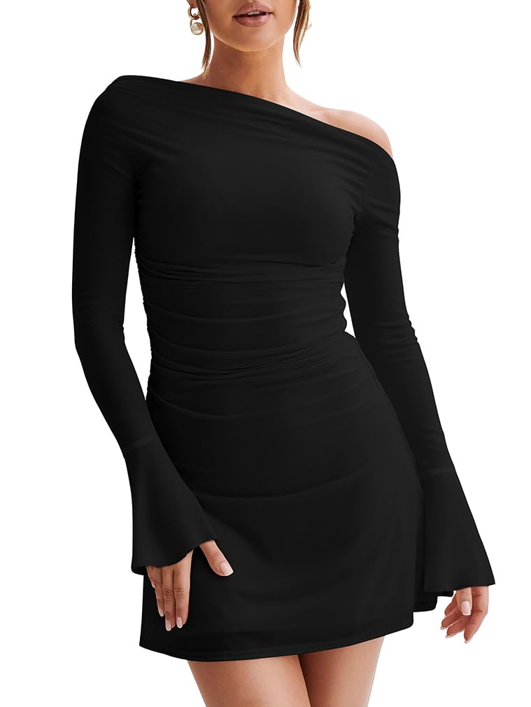 LAGSHIAN Womens Fall Long Sleeve Off Shoulder Trendy Ruched Stretch Bodycon Cocktail Party Flare Mini Dress