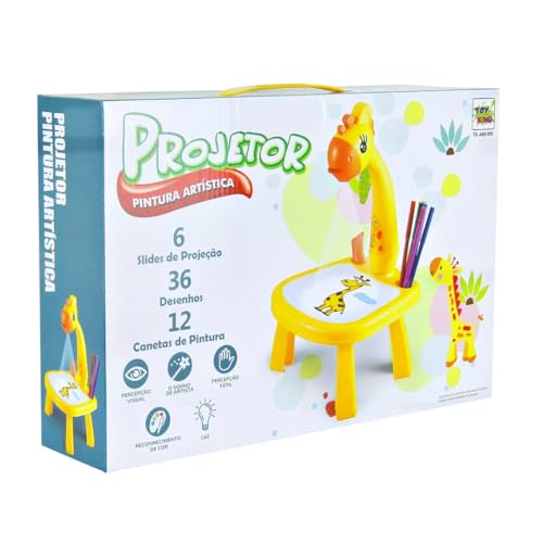 Mini Projetor Infantil para Desenho e Pintura Mesa com Canetinhas e Discos com Desenhos Girafa (Rosa
