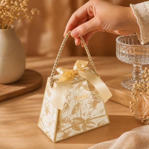 Image of SATYAM KRAFT 20 Pcs Decorative Gift Box with Handle & Ribbon Premium Floral Printed Packaging Small Paper Box for Gifting, Storage, Return Gift, Wedding, Birthday, Chocolate, Dry Fruit (off white)