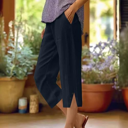 Capri Pants for Women Cotton Linen Trendy Summer 2025 Straight Leg Loose Cropped Trousers Elastic Waist Lounge Slacks2