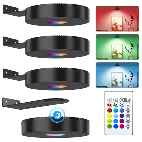 BASON LIGHTING 4Pcs Picture Light Battery Operated, Magnetic Led Painting Light with Remote, 16 Color Changing Art Display Light for Picture Frame Paintings, Wireless Wall Decor Puck Lights.