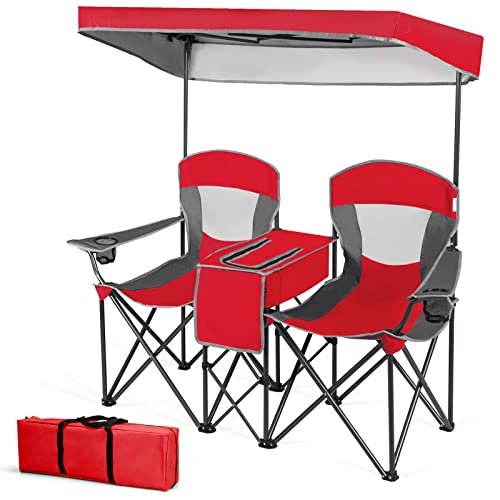 MIDDOW SILKYDRY Double Camping Chairs, Folding Loveseat Camp Chairs w/Adjustable UV Protection Shade, Cup Holders, Cooler & Carry Bag, 2-Person Portable Beach Chairs for Picnic, Fishing, Hiking (Red)