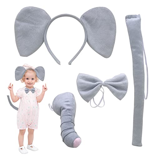 TSHAOUN 4 Piezas Conjunto de Cosplay de Elefante, Disfraz de Elefante Accesorios de Felpa Orejas de Elefante Collar Cola de Nariz de Elefante para Halloween Fiesta Cumpleaños (Elefante)