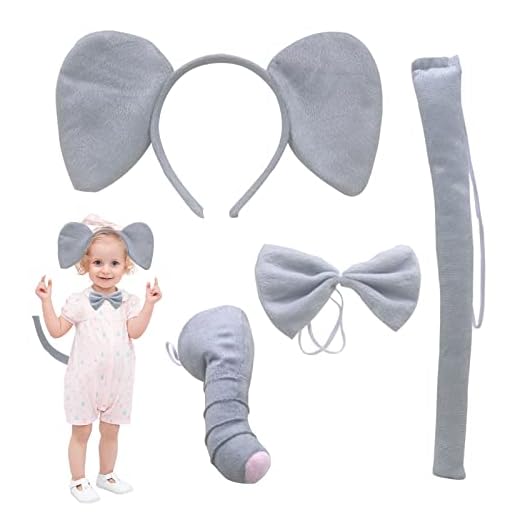 TSHAOUN 4 Piezas Conjunto de Cosplay de Elefante, Disfraz de Elefante Accesorios de Felpa Orejas de Elefante Collar Cola de Nariz de Elefante para Halloween Fiesta Cumpleaños (Elefante)