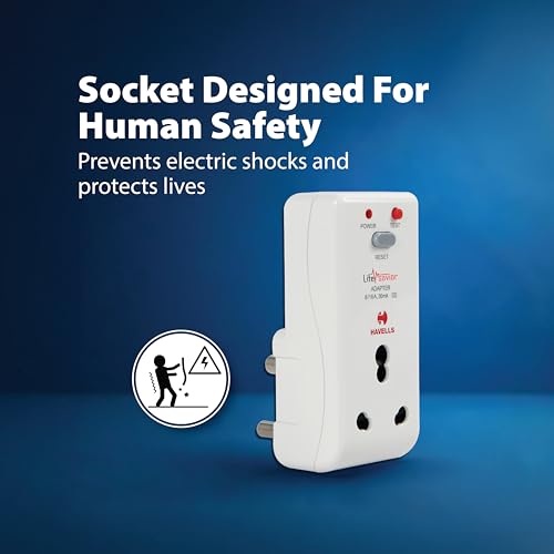 Image of Havells 16 Amp 30mA PRCD Adaptor (White) - Plastic Body, Auto-Trip Safety for Appliances - Smart and Enhanced Protection Against Electrical Shock,Requires 16A MCB /Fuse Backup,Per IEC 61540 Guidelines