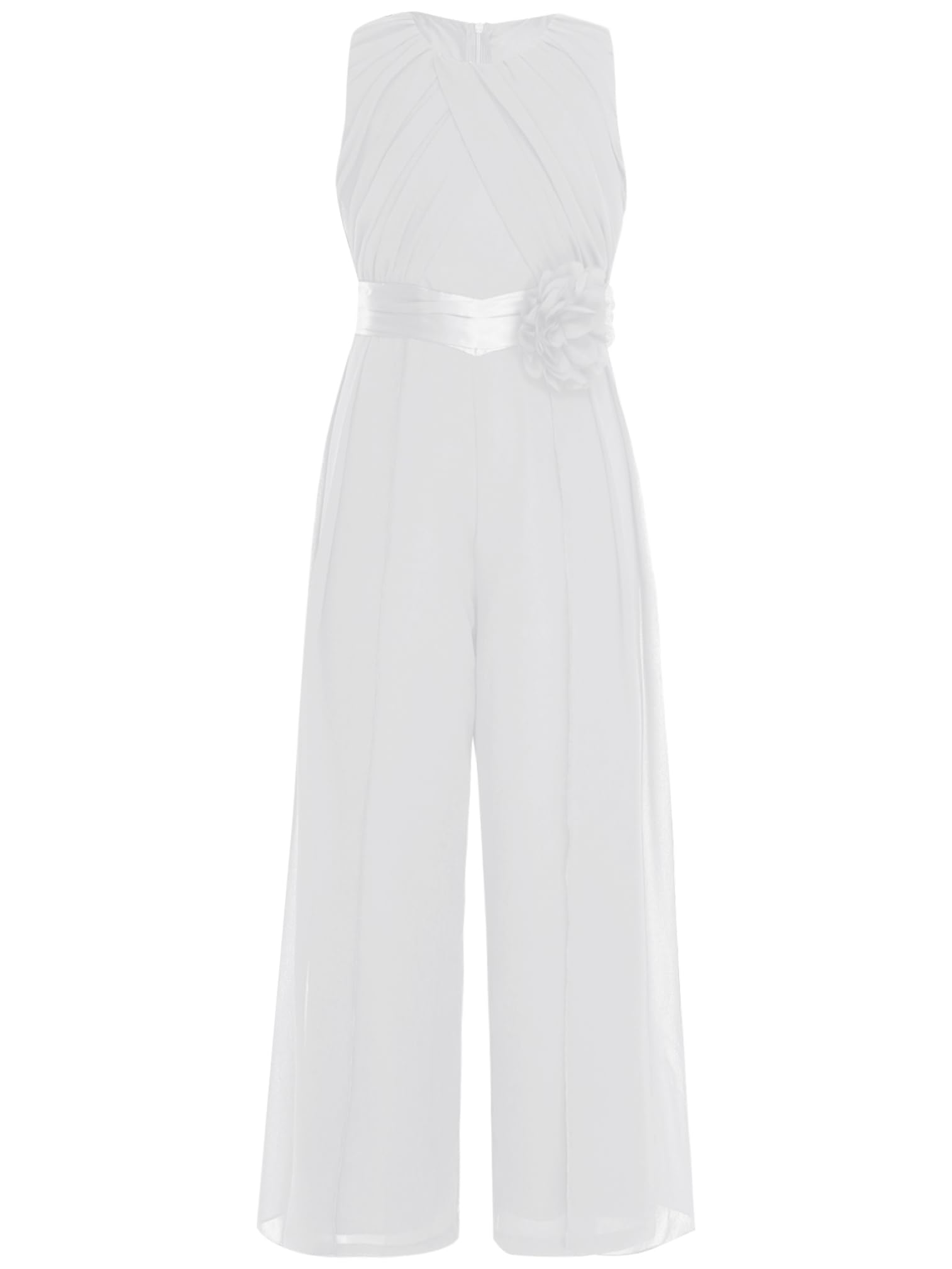 ranrann Tuta da Festa per Bambina in Chiffon Jumpsuit Senza Maniche con Fiori e Cintura Abito Elegante in Tinta Unita per Matrimonio Cerimonia Banchetto Party