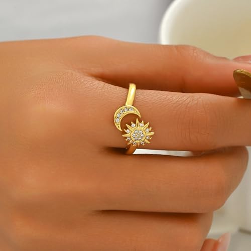 18K Gold Plated Cubic Zirconia Rings for Women Non Tarnish Dainty Stackable CZ Cross Moon Star Clover Leaf Open Ring Eternity Wedding Band Rings Jewelry3