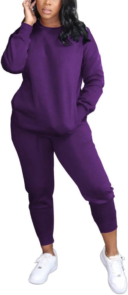 HBQ Two Piece Outfits For Women Casual Long Sleeve Sweatsuits Jogger Tracksuits Lounge Sets With Pockets-Purple-L