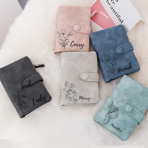 Customized small leather wallet, Customized name and flower, Coin Purse Card Holder for Women Teen Girls Customized Gifts for Birthday Christmas Thanksgiving Anniversary Mothers Day. (Pink)2