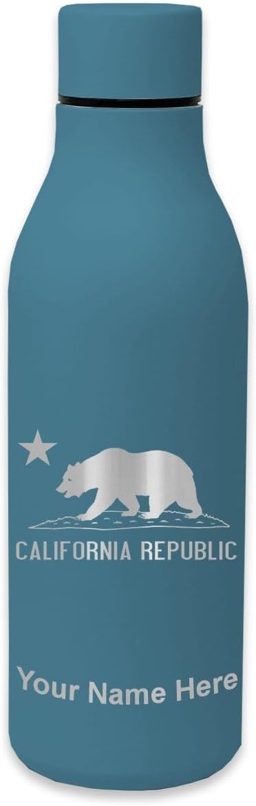 LaserGram Double Wall Stainless Steel Water Bottle, California Republic Bear Flag, Personalized Engraving Included