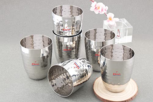 Image of Ebun Stainless Steel Hand Hammered Design Heavy Gauge Drinking Glass | Tumbler with Hammered Beaded Design, for Drinking Serving Water Set 6 Pieces 300 Ml
