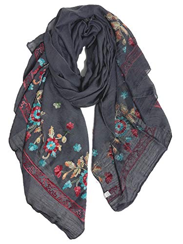 DAMILY Foulard Coton Femme Imprimé Floral Fait Main Écharpe Châle Respirant Belles Étoles de Vacances Gris Foncé Cover
