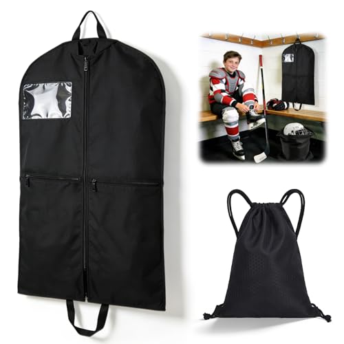 XANGNIER Hockey Jersey Garment Bag with Helmet Bag,Youth Hockey Accessory Gear Goalie Bags Organizer,Heavy Duty Garment Equipment Bags for Storing Jerseys,Shoulder Pads,Elbow Pads,and Gloves,Black
