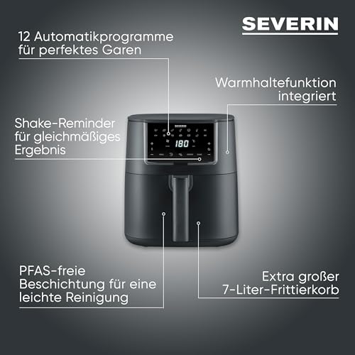 Severin Heißluftfritteuse Single XXL, 7L, 11 Automatik-Programme, Touch-Display, vielseitige Zubereitung, Memory-Funktion, Warmhaltefunktion, Antihaftbeschichtung, 1700W, schwarz, FryLight, FR 2462 2